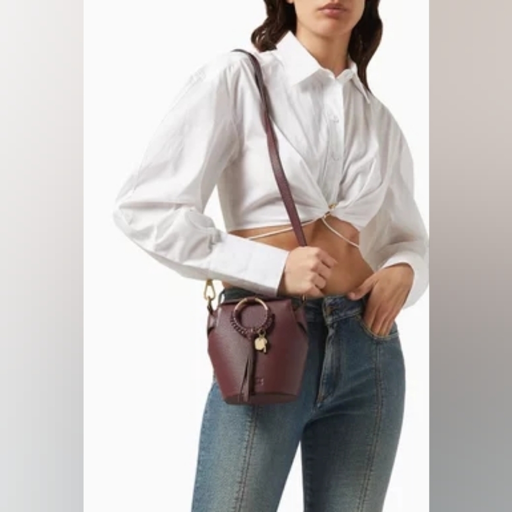 See By Chloe Leather Box Bag Crossbody Bucket Handbag Dusky Brown Burgandy - Picture 14 of 14
